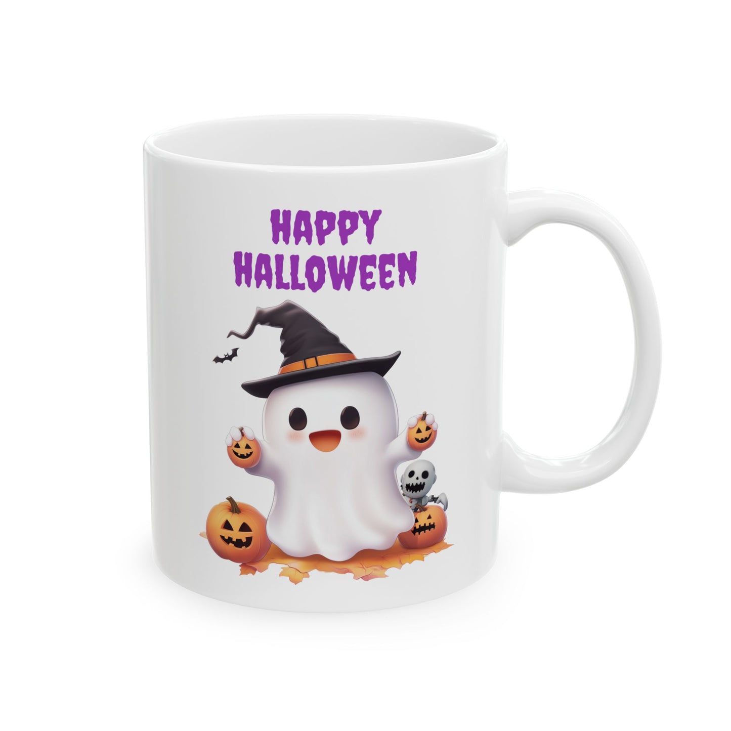 White ceramic coffee mug featuring an adorable cartoon ghost wearing a black witch hat with an orange band, surrounded by smiling jack-o'-lantern pumpkins and a small skeleton under the purple script text Happy Halloween.