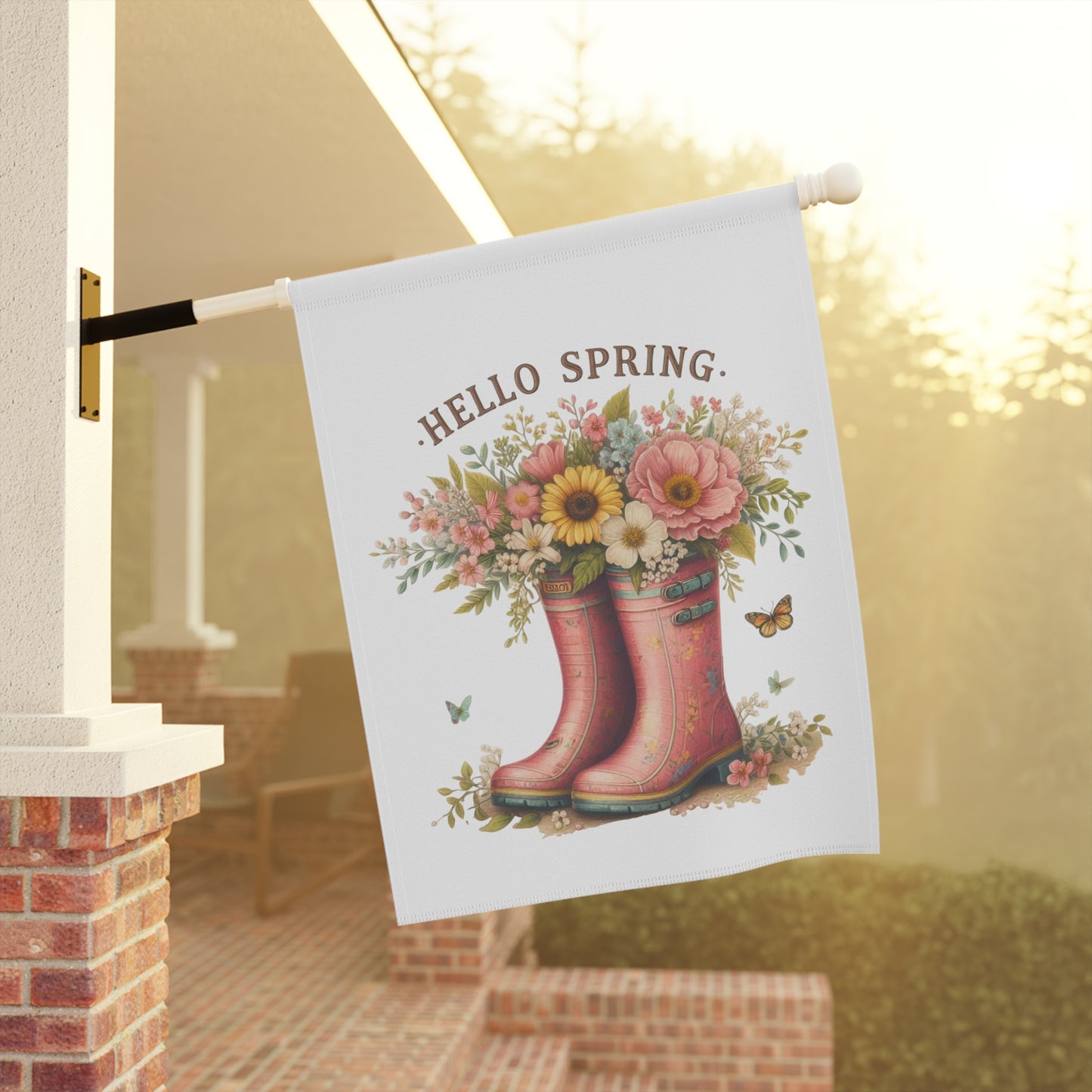 Cute "Hello Spring" Garden Flag with Floral Rain Boots