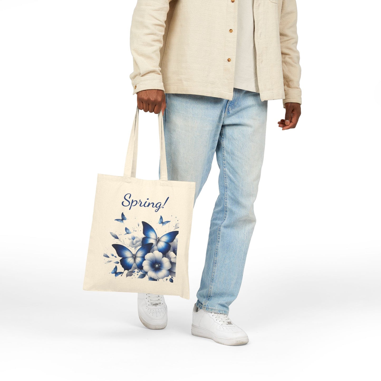 Beautiful  Blue Butterfly & Floral Canvas Tote Bag