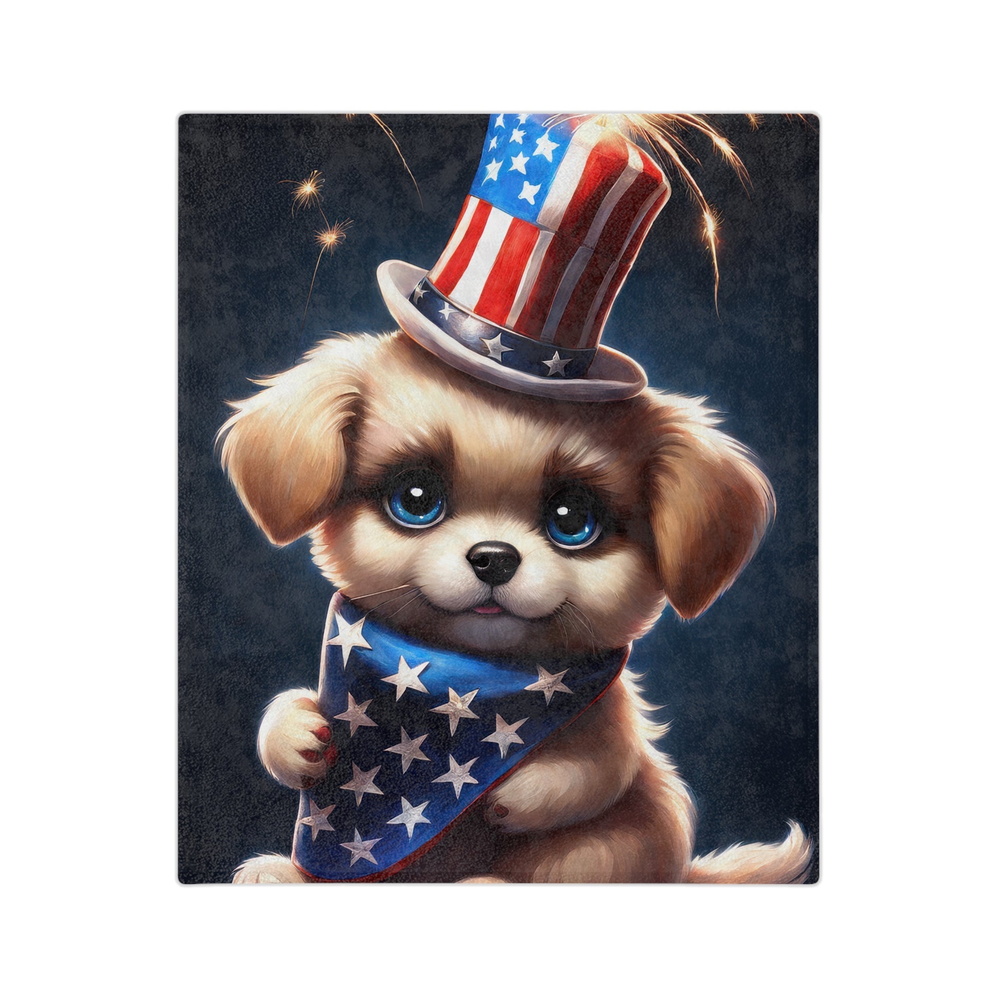 Plush 4th of July blanket featuring a cute puppy wearing a patriotic top hat and blue star bandana with fireworks in the background