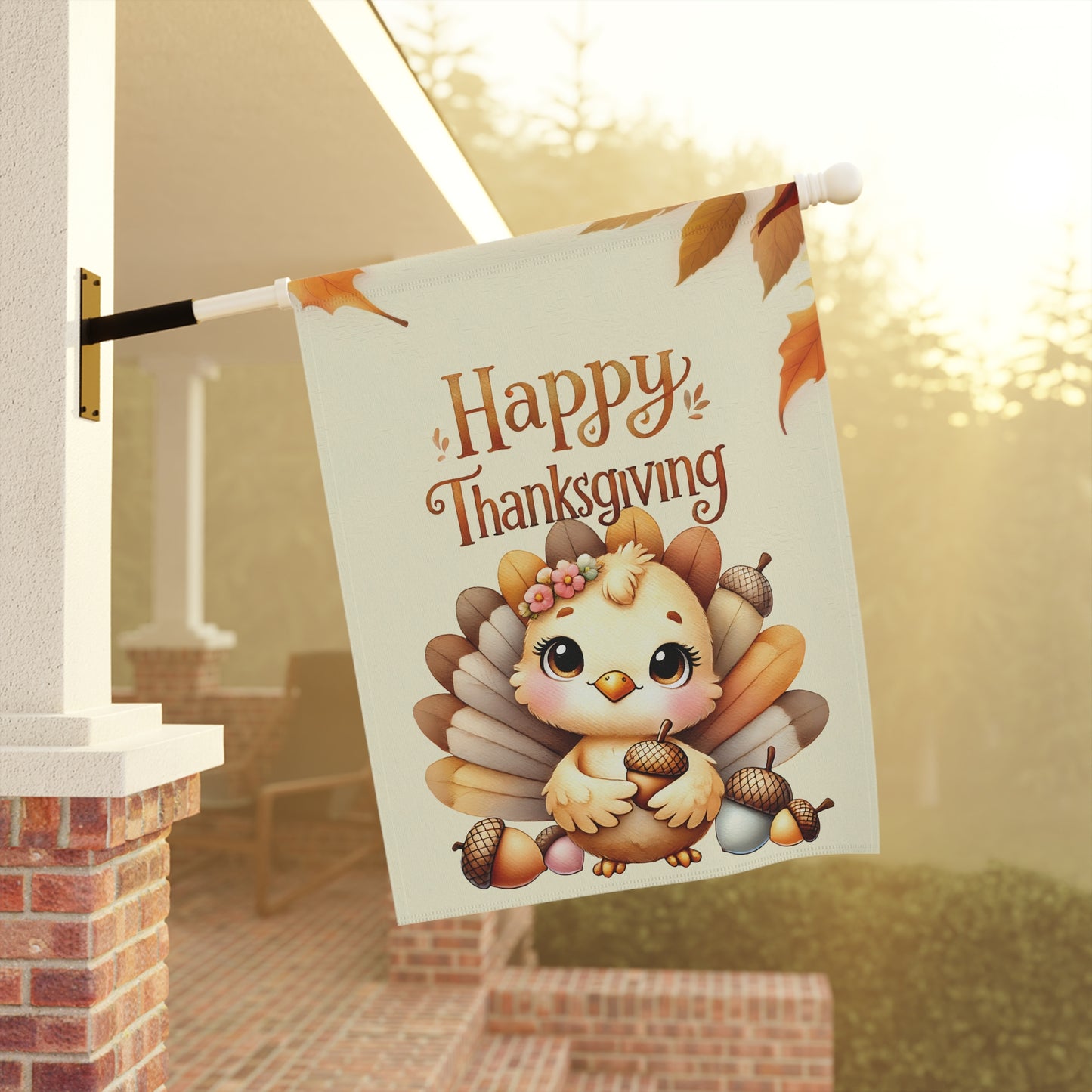 Happy Thanksgiving Garden Flag with a Cute Baby Turkey Flag