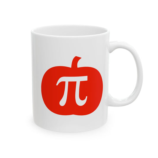 White ceramic coffee mug with a solid red pumpkin silhouette design containing a white Pi (π) symbol in the center.