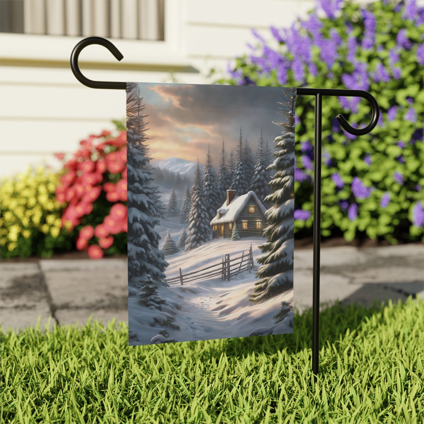 Rustic Snowy Cabin Garden Flag/ House Banner
