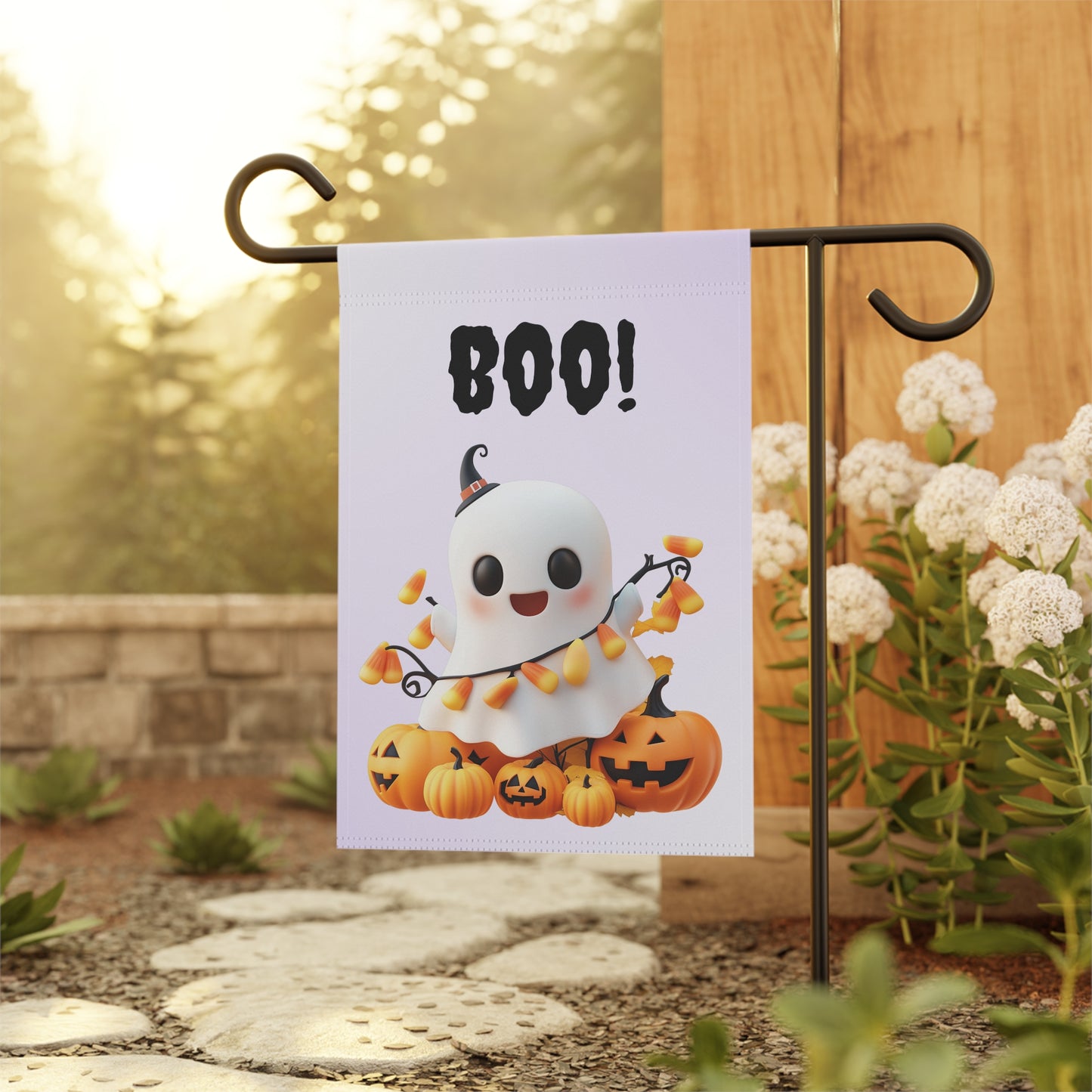 Cute Ghost with Candy Corn Garden Flag
