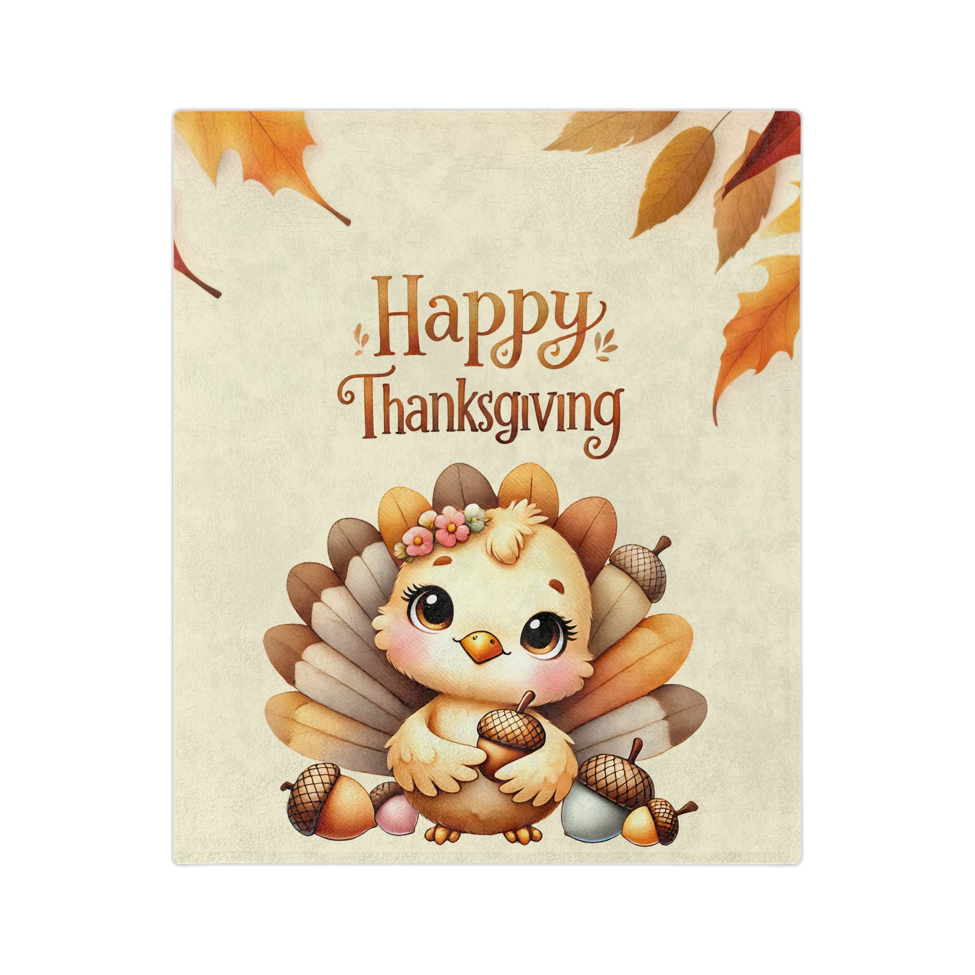Happy Thanksgiving velveteen blanket with a cute cartoon turkey, flower crown, acorns, and autumn leaves design

