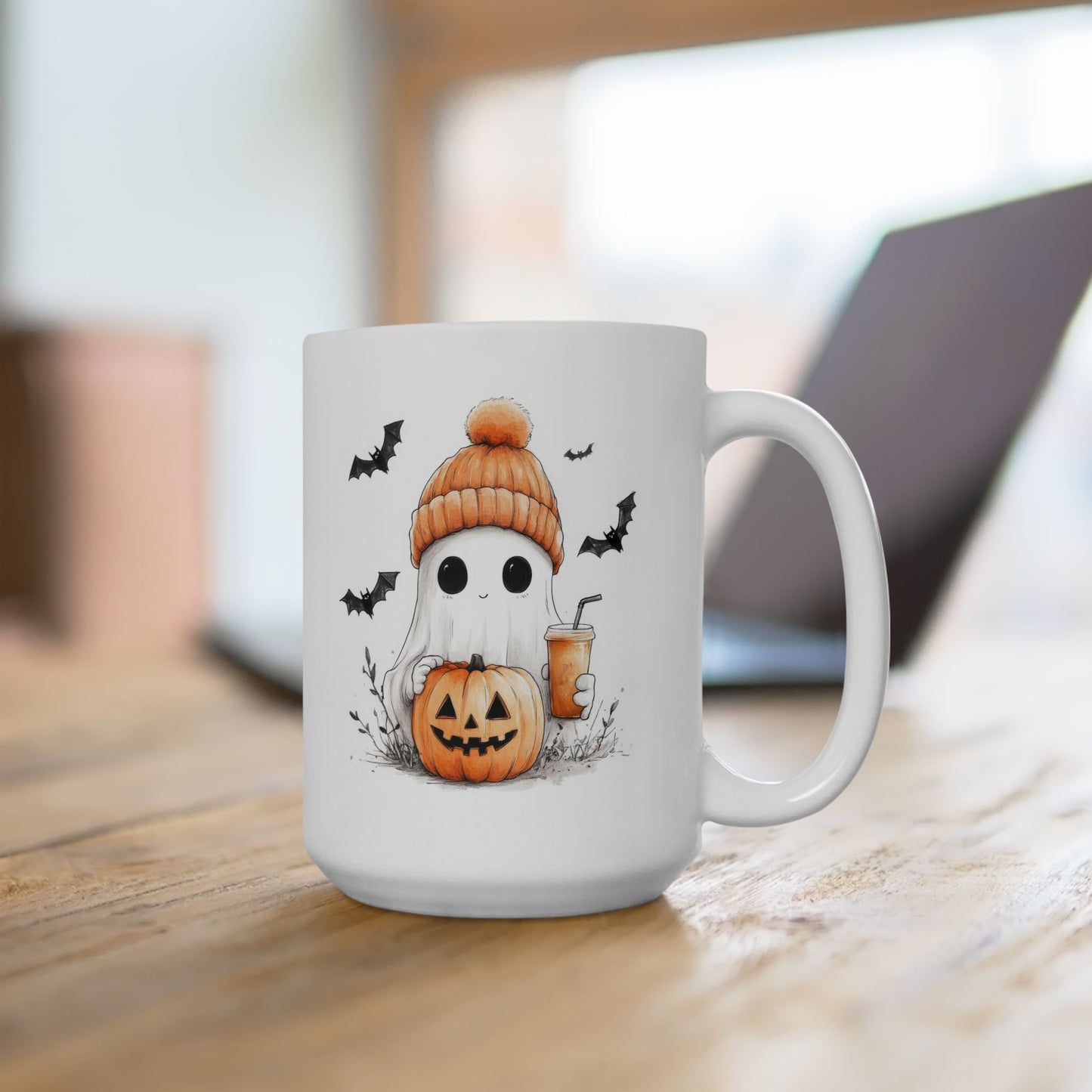 Adorable Ghost with Beanie & Pumpkin Coffee Mug