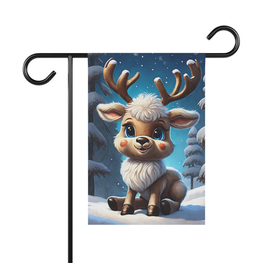 Cute cartoon baby reindeer garden flag with blue eyes, rosy cheeks, and antlers, sitting in a snowy forest with falling snowflakes, festive holiday outdoor decor.

