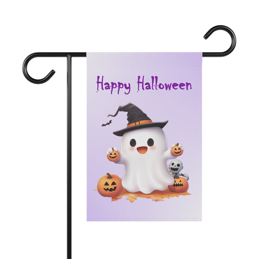 Whimsical Halloween garden flag featuring a smiling cartoon white ghost in a witch hat holding mini pumpkins, a small friendly skeleton, a flying bat, and Happy Halloween text on a light purple background.
