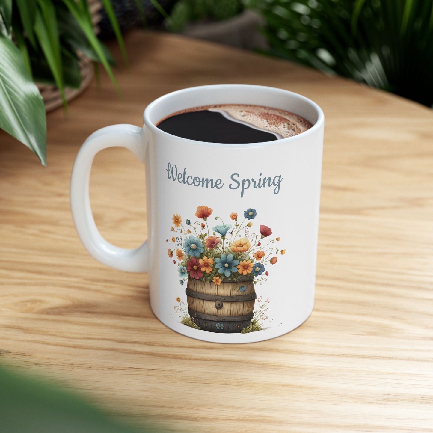 Welcome Spring Floral Barrel Mug