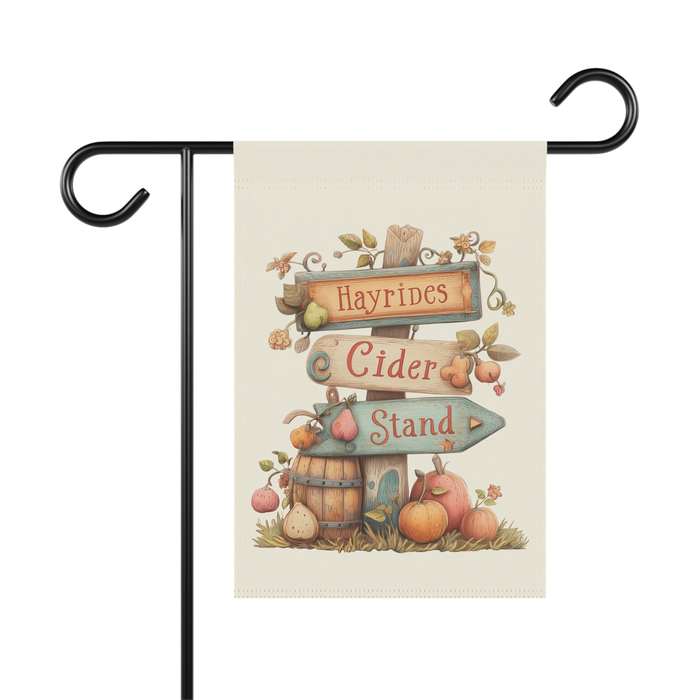 Rustic autumn garden flag featuring a cream background and a wooden directional signpost that reads Hayrides, Cider, Stand, decorated with a wooden barrel, pumpkins, and fall fruit.