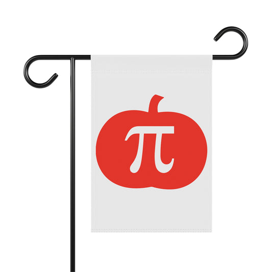Orange pumpkin with Pi symbol on white garden flag, funny fall math décor