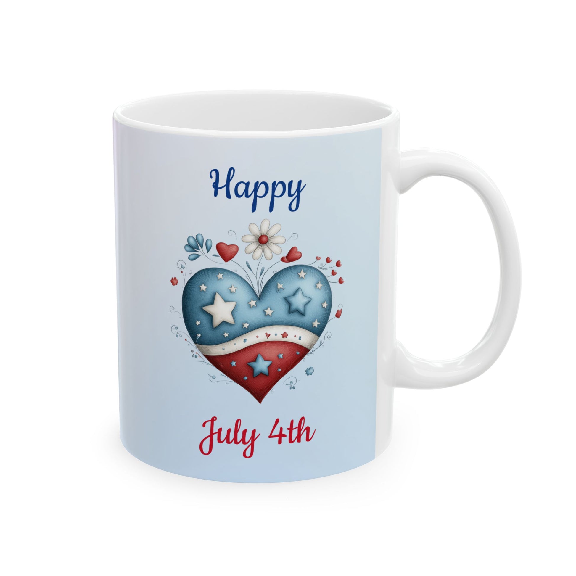 White ceramic coffee mug with 'Happy' in blue and 'July 4th' in red text, featuring a large, decorative red, white, and blue heart surrounded by white flowers and small hearts