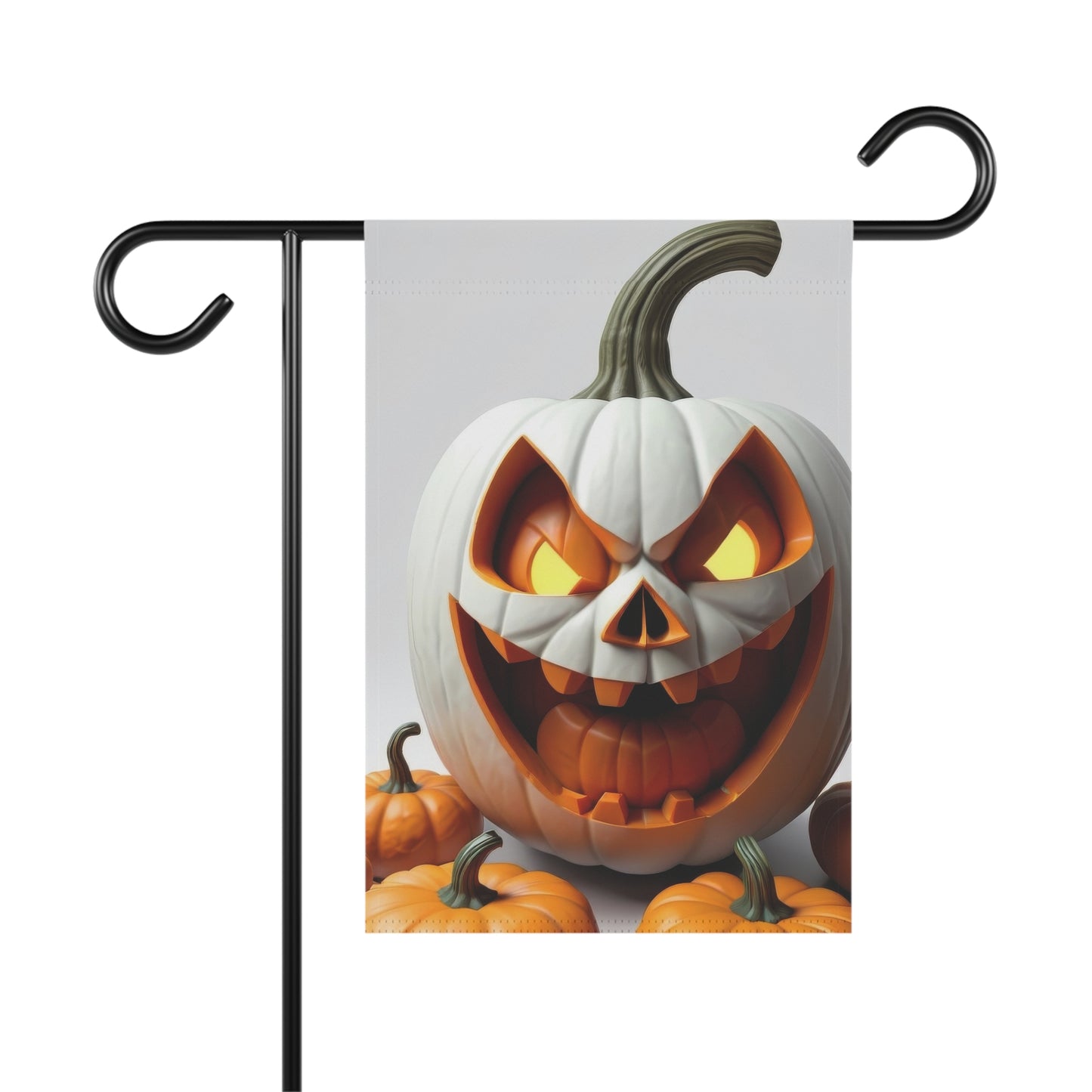 “White jack-o'-lantern garden flag with glowing face and orange pumpkins for Halloween yard decor”