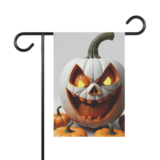 “White jack-o'-lantern garden flag with glowing face and orange pumpkins for Halloween yard decor”