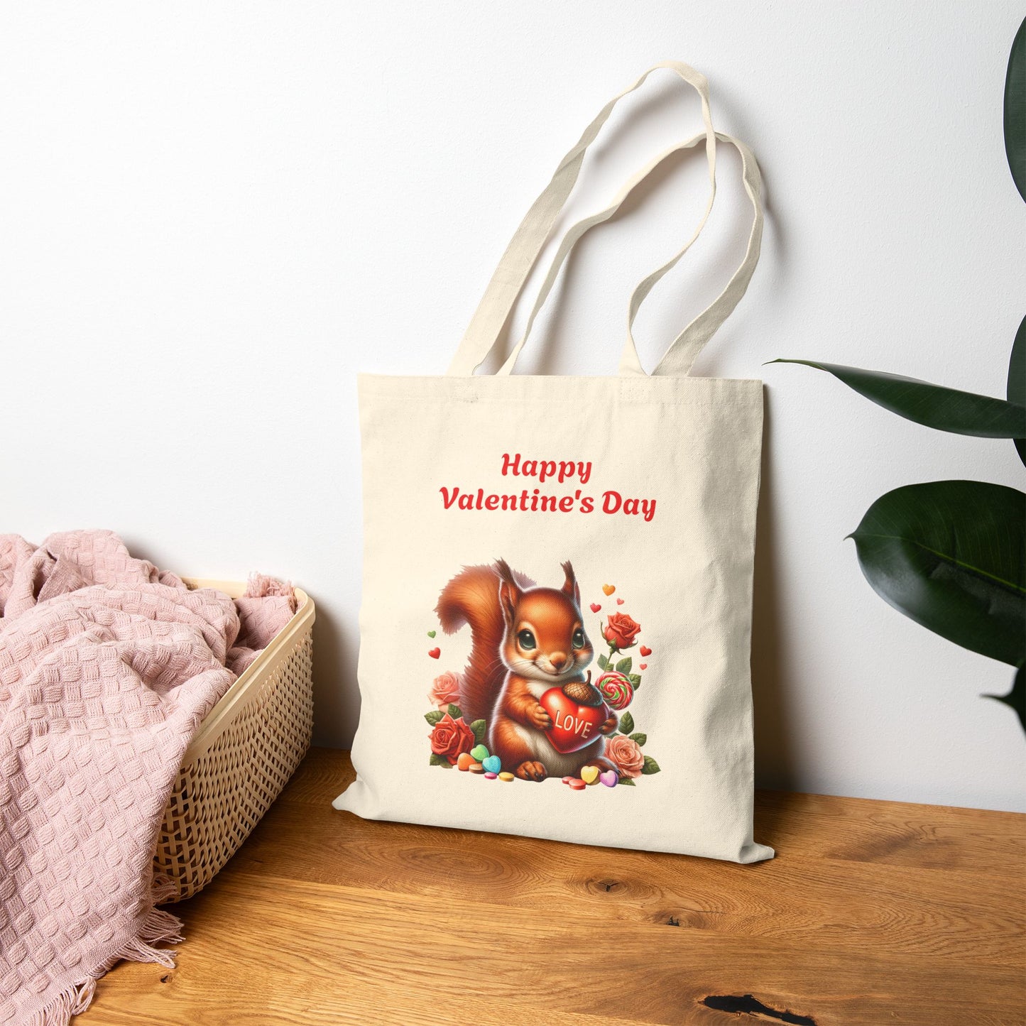 Happy Valentine's Day Squirrel Canvas Tote Bag with Love Heart