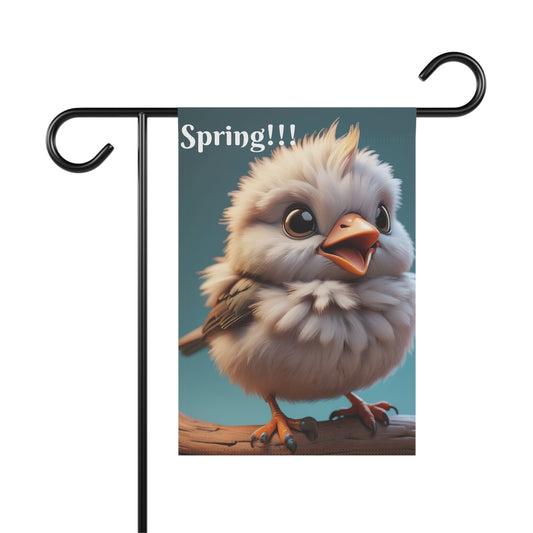 Cute fluffy baby bird on a spring garden flag with the word "Spring!!!" on a teal background