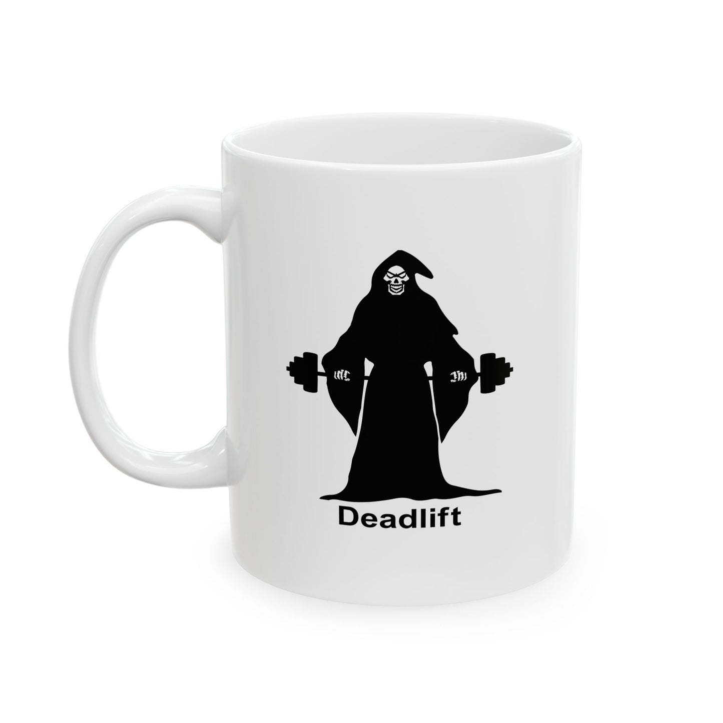 White coffee mug with black Grim Reaper doing a deadlift, "Deadlift" text below, Gym workout themed mug, Weightlifting coffee cup.