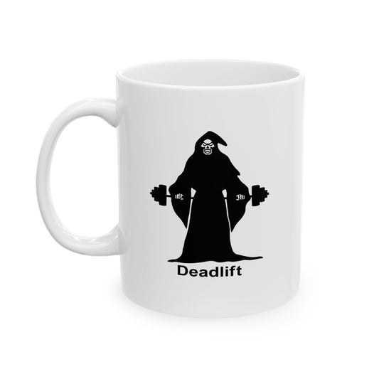 White coffee mug with black Grim Reaper doing a deadlift, "Deadlift" text below, Gym workout themed mug, Weightlifting coffee cup.