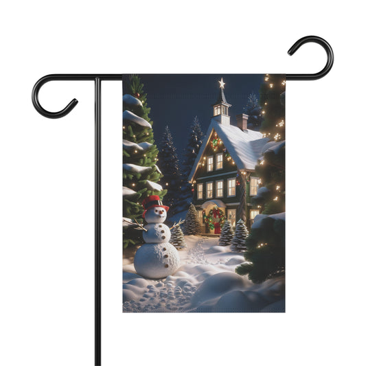 Enchanted snowy house garden flag with a cheerful snowman in a red hat, illuminated evergreen trees, and a lit house at night, magical winter holiday outdoor decor.

