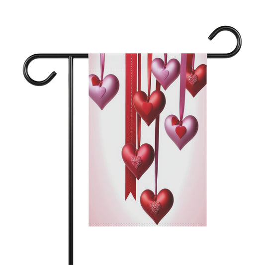 Valentine garden flag with cascading red and pink hearts hanging from ribbons, romantic outdoor décor