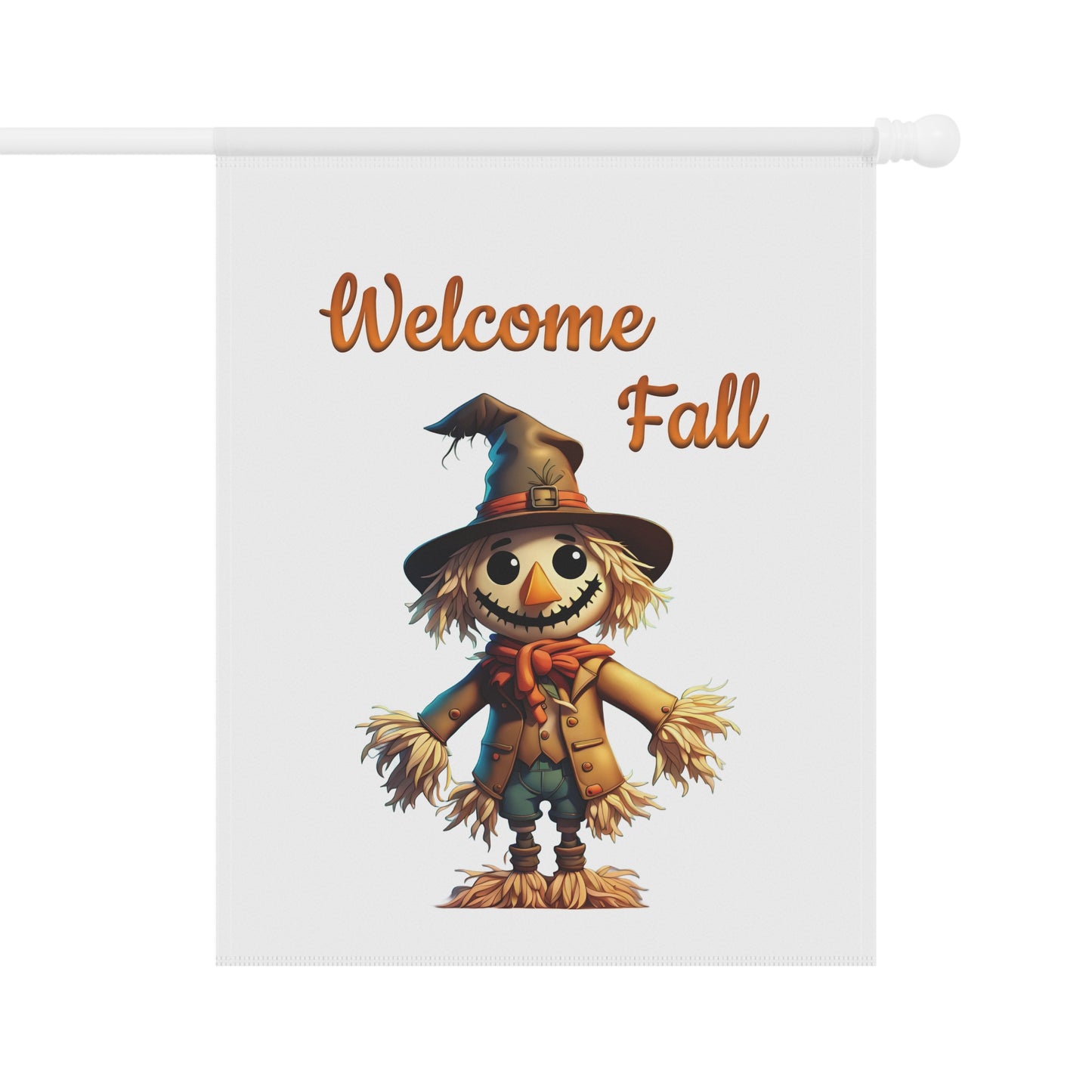Welcome Fall garden flag with a smiling scarecrow