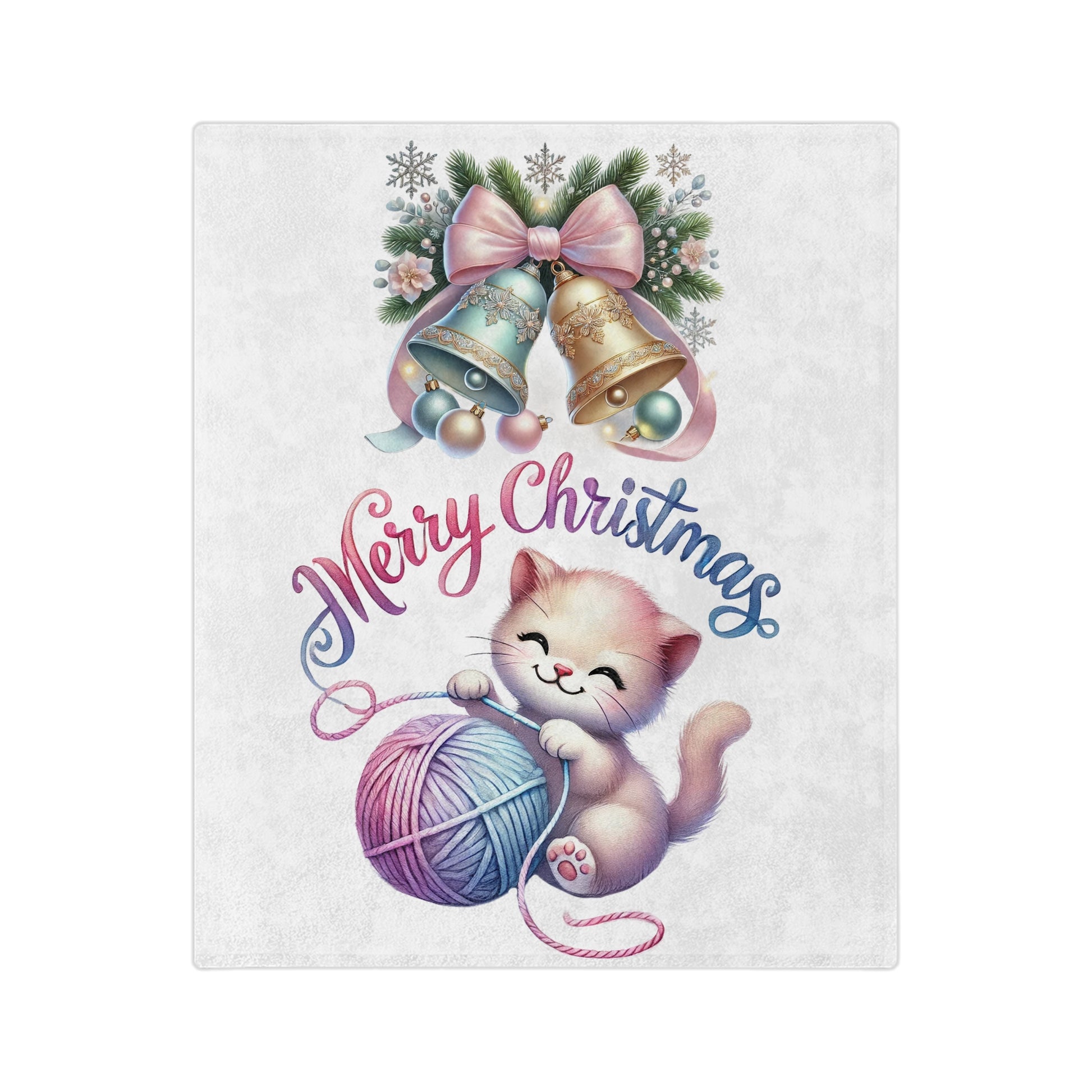 Cute Christmas kitten playing with yarn under pastel holiday bells on a velveteen plush blanket with “Merry Christmas” text
