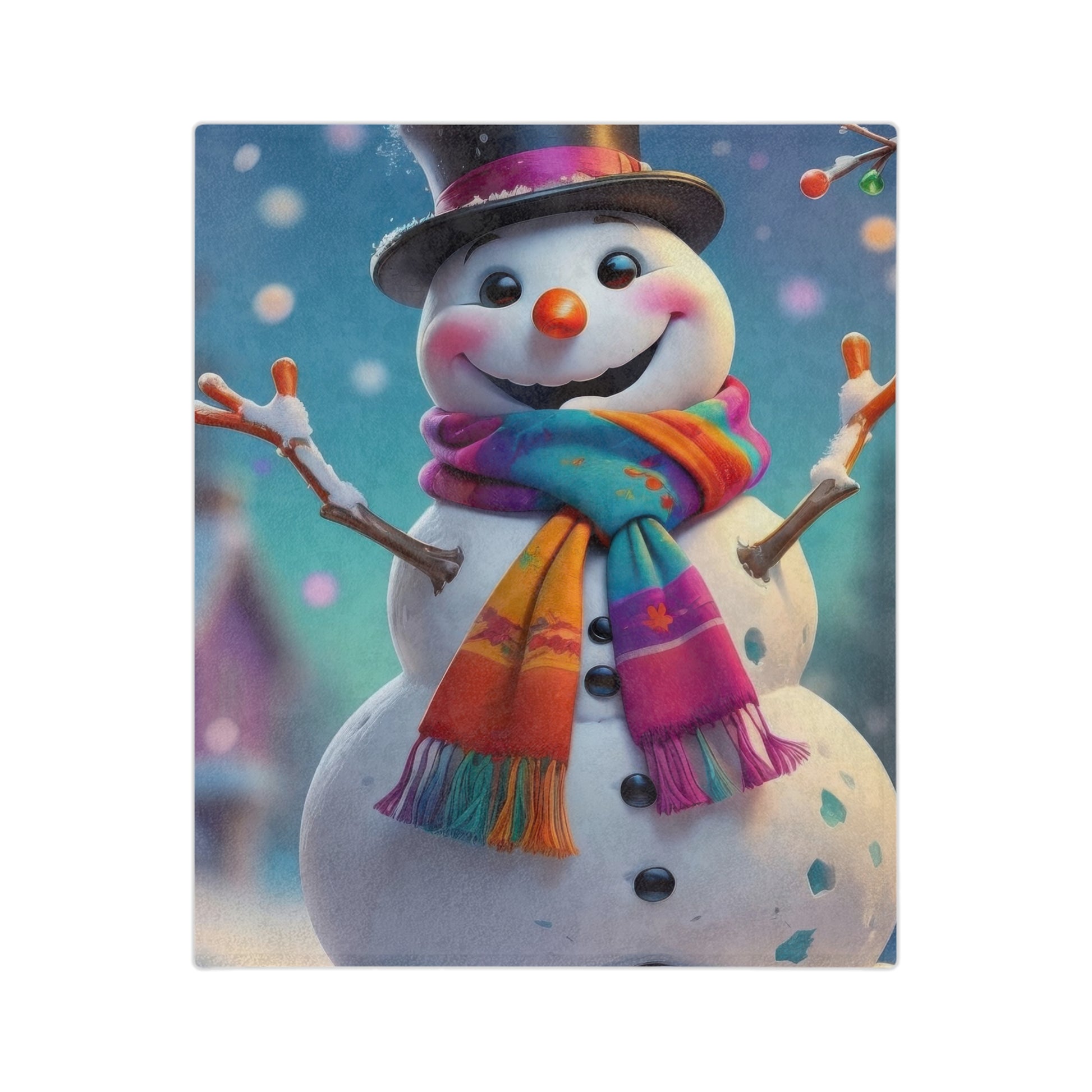 Velveteen plush blanket with a happy snowman wearing a multicolored scarf and top hat, set against a snowy winter background


