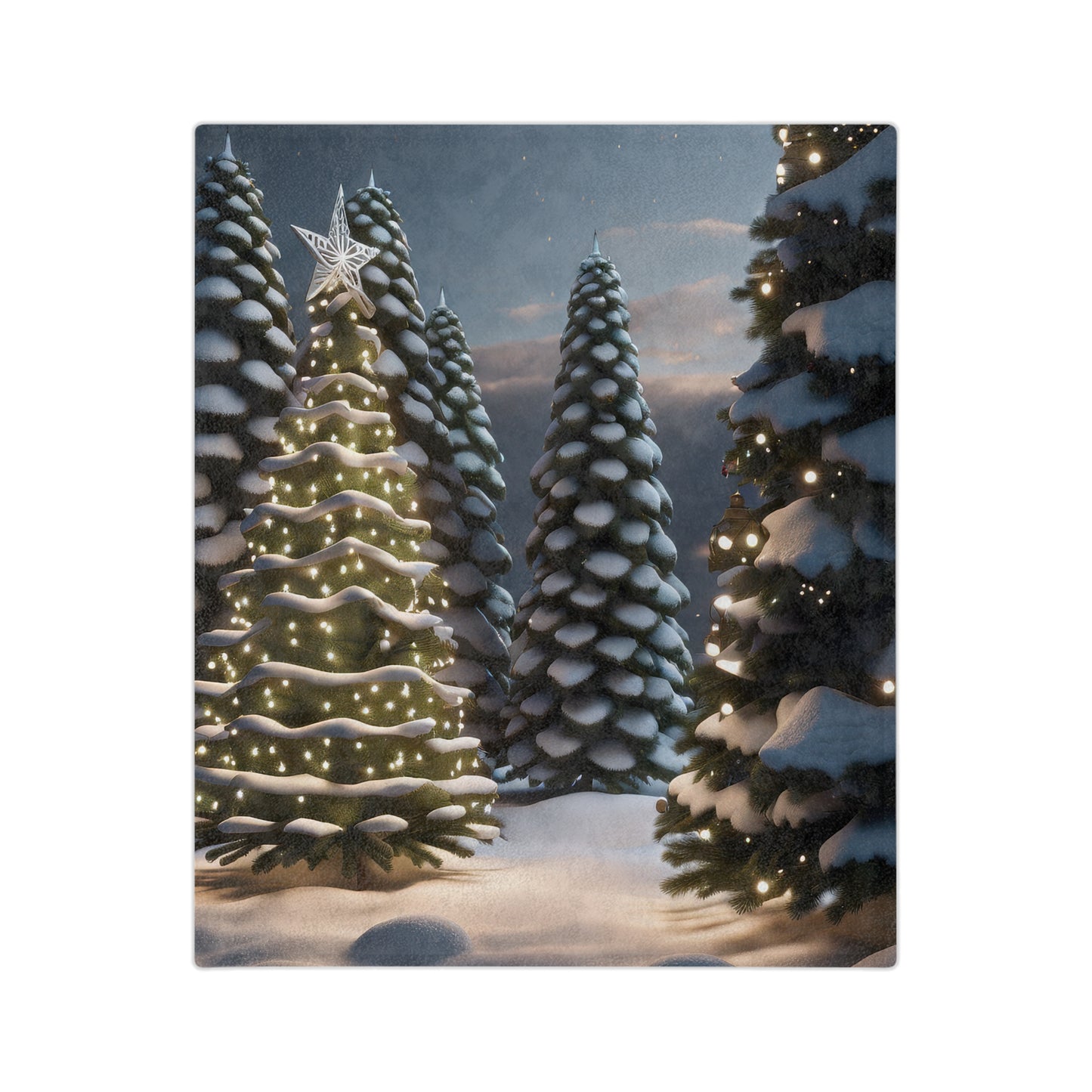 a velveteen plush blanket featuring a magical Christmas tree forest at night, with snow-covered trees, glowing string lights, and a bright star on top of a prominent tree.