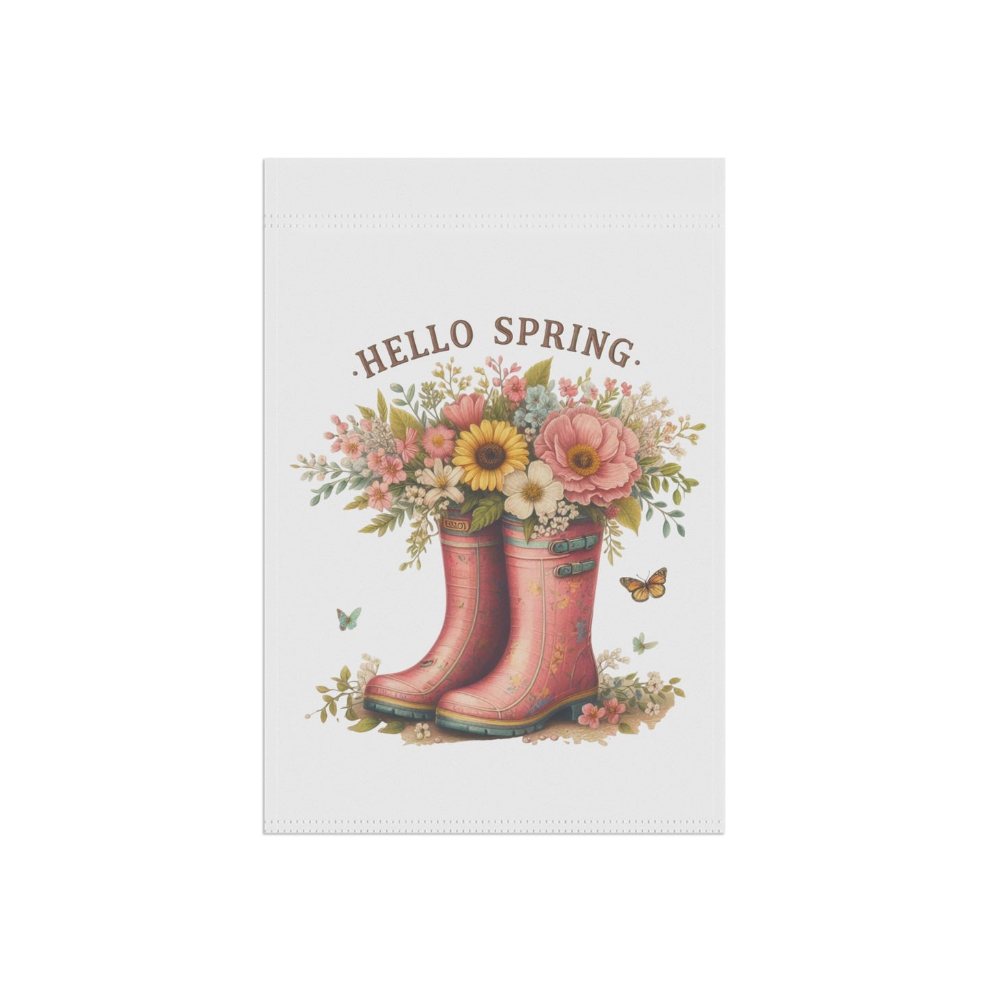 Cute "Hello Spring" Garden Flag with Floral Rain Boots