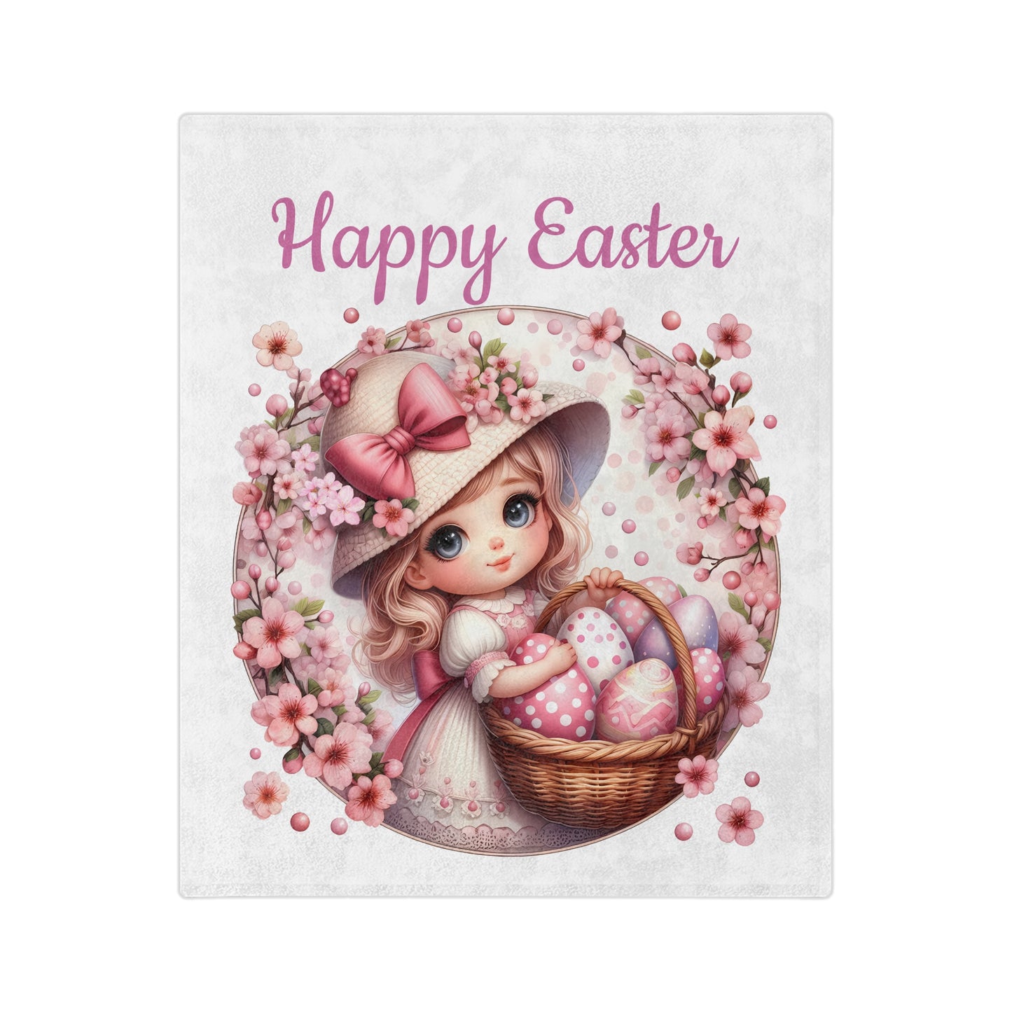 Lightweight white velveteen blanket with an illustration of a cute girl in a hat holding a basket of Easter eggs, surrounded by a floral wreath, and the text "Happy Easter."