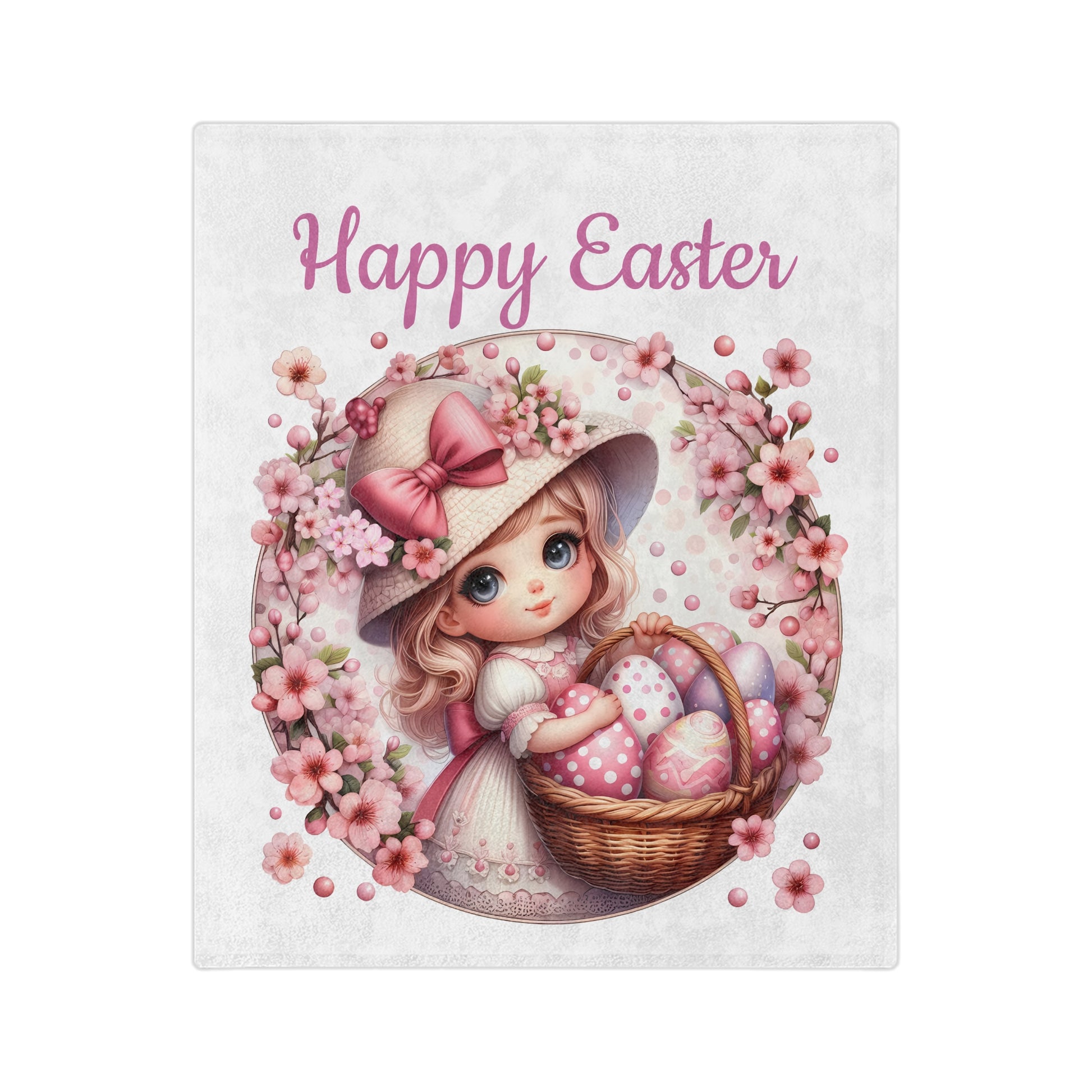Lightweight white velveteen blanket with an illustration of a cute girl in a hat holding a basket of Easter eggs, surrounded by a floral wreath, and the text "Happy Easter."