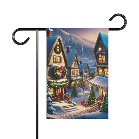 Vibrant Christmas village garden flag with snow-covered houses, decorated with wreaths and lights, Christmas trees, and snowy mountains in the background, festive holiday outdoor decor.

