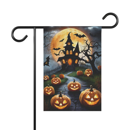 Haunted house Halloween garden flag with glowing pumpkins and bats