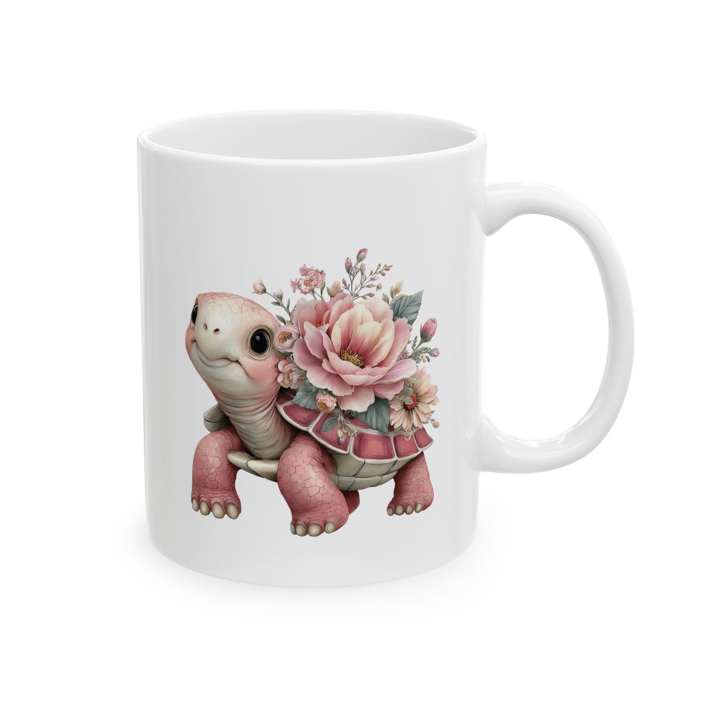 Cute smiling pink turtle with large pink peony flowers blooming on its shell on a white ceramic coffee mug
