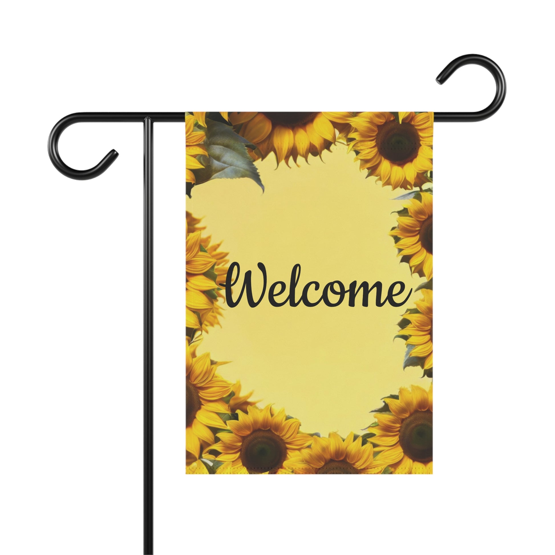 Welcome garden flag with bright yellow sunflowers on border and warm yellow background, outdoor seasonal yard décor