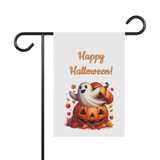 Happy Halloween! garden flag with a cute ghost coming out of a carved pumpkin surrounded by autumn leaves.

