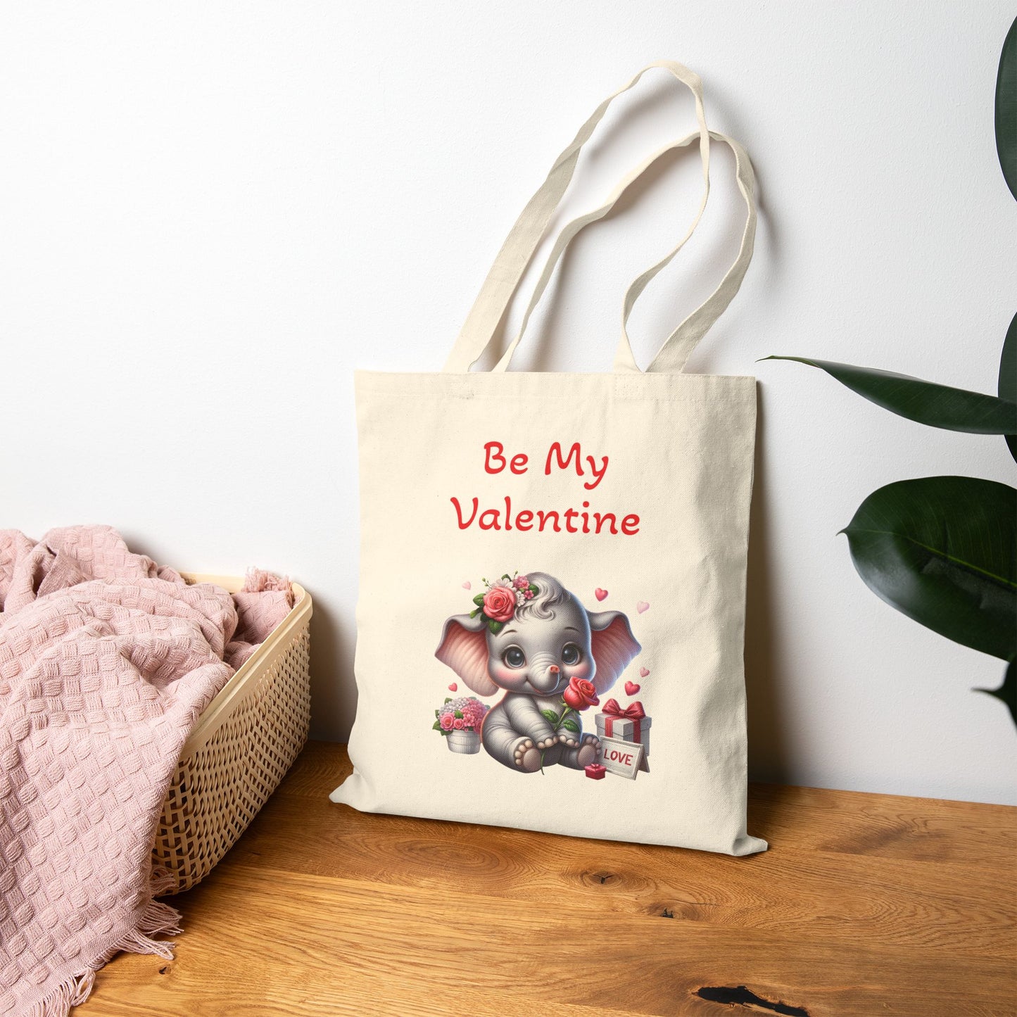 Be My Valentine Elephant Canvas Tote Bag with Roses