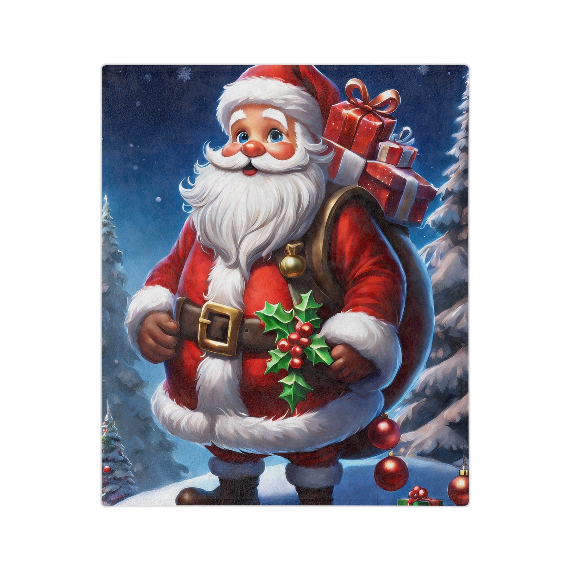 Santa Claus holding holly with gift sack in snowy forest on velveteen plush Christmas blanket
