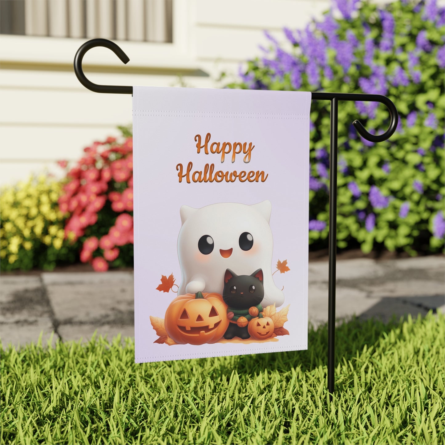 Cute Ghost & Black Cat Halloween Garden Flag