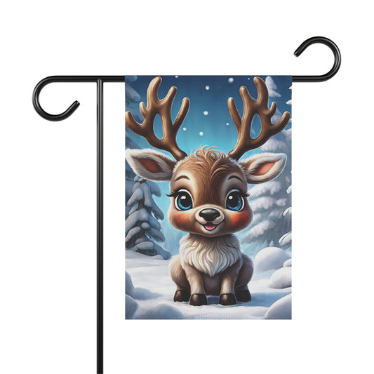 Cute cartoon baby reindeer garden flag with large eyes and antlers, sitting in a snowy forest with falling snowflakes, festive holiday outdoor decor.

