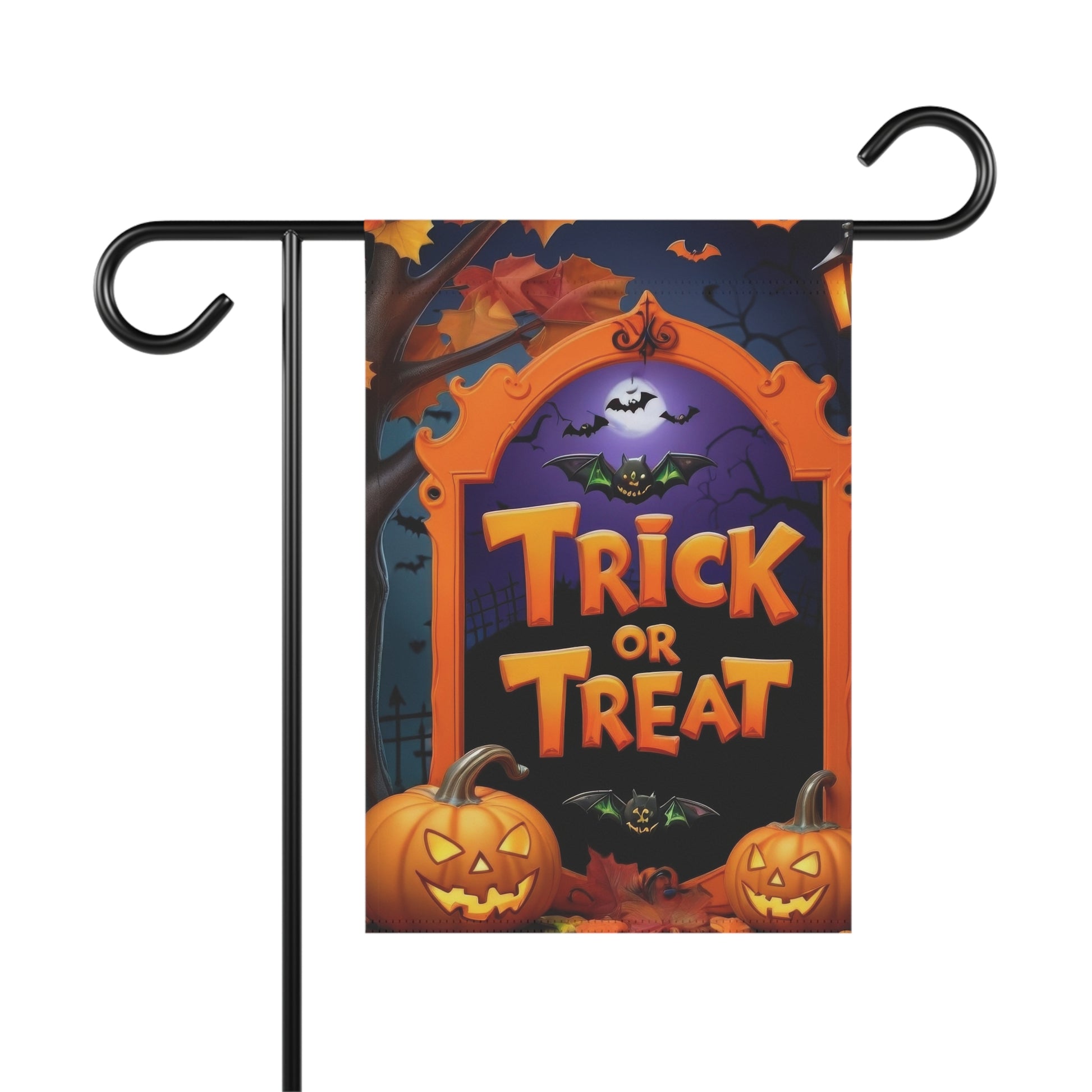 “Halloween garden flag with Trick or Treat message, pumpkins, bats, and orange gothic frame”