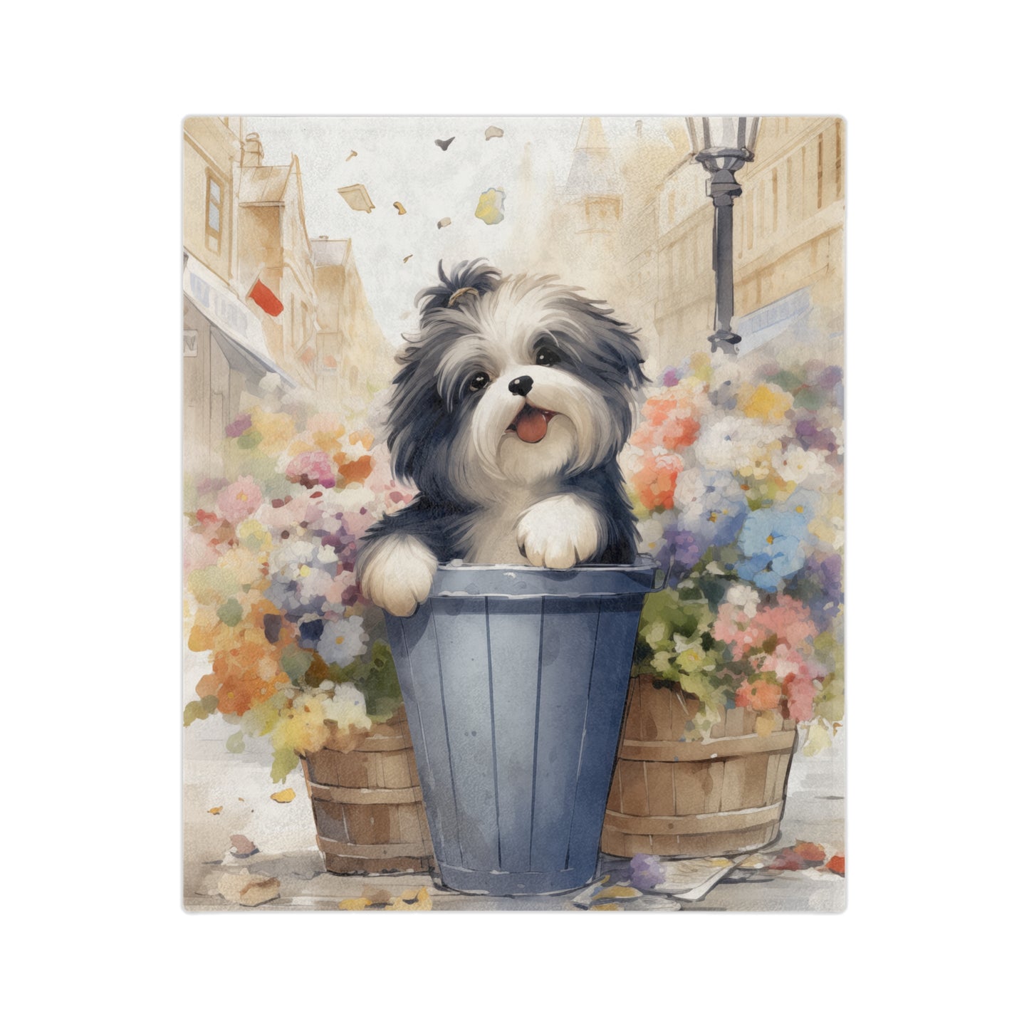 White velveteen blanket with a watercolor-style illustration of a happy, fluffy black and white Shih Tzu puppy standing in a blue metal bin, surrounded by buckets of colorful flowers on a city street.

