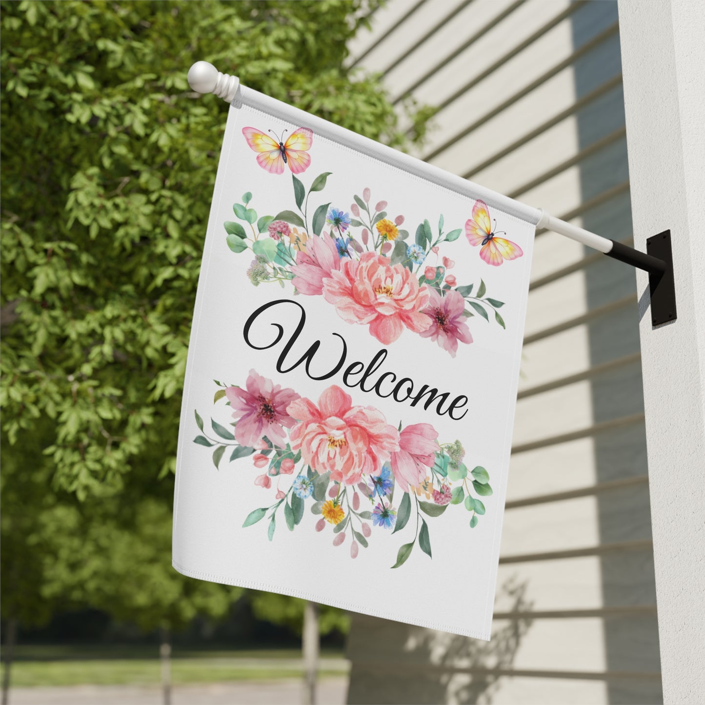 Pink Floral Bouquet with Butterflies Garden Flag