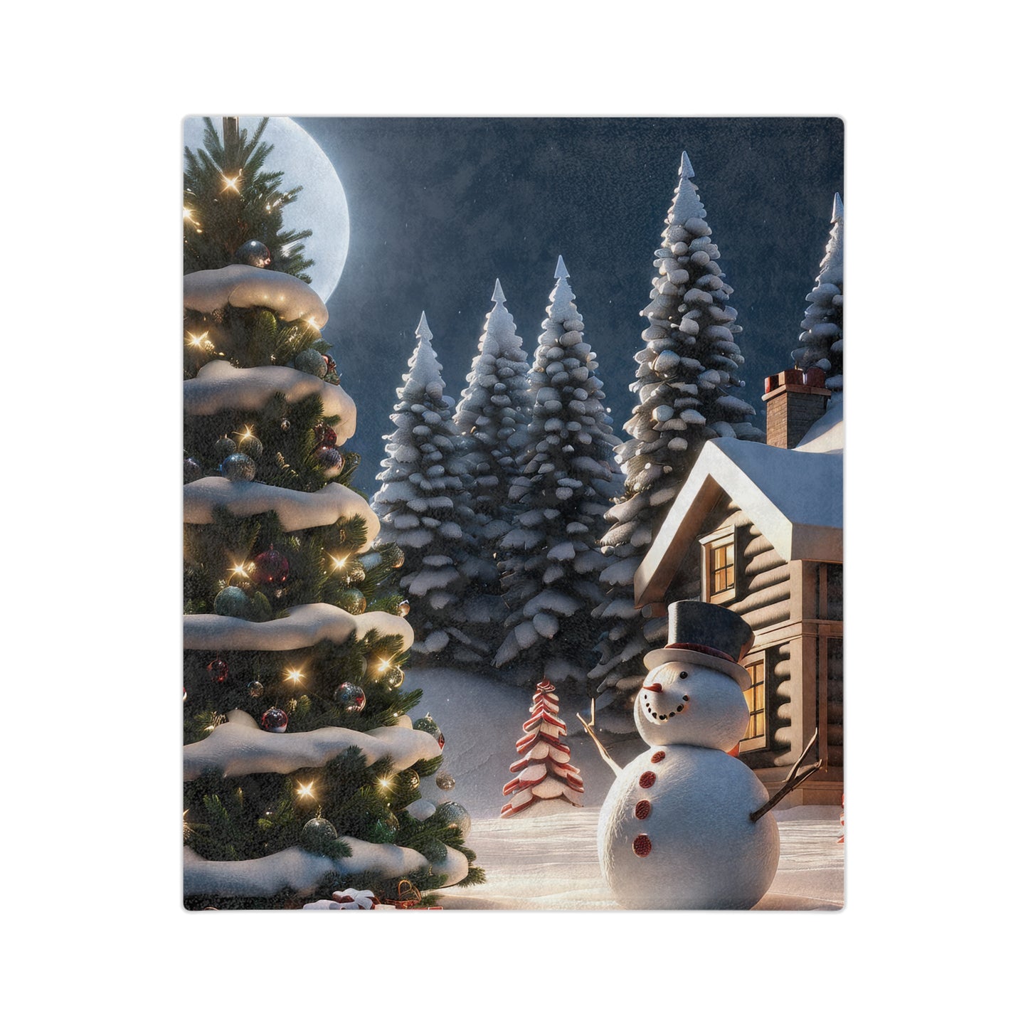  velveteen plush blanket featuring a cute snowman wearing a top hat, standing in a snowy forest scene with illuminated Christmas trees, a cozy cabin, and a full moon at night."