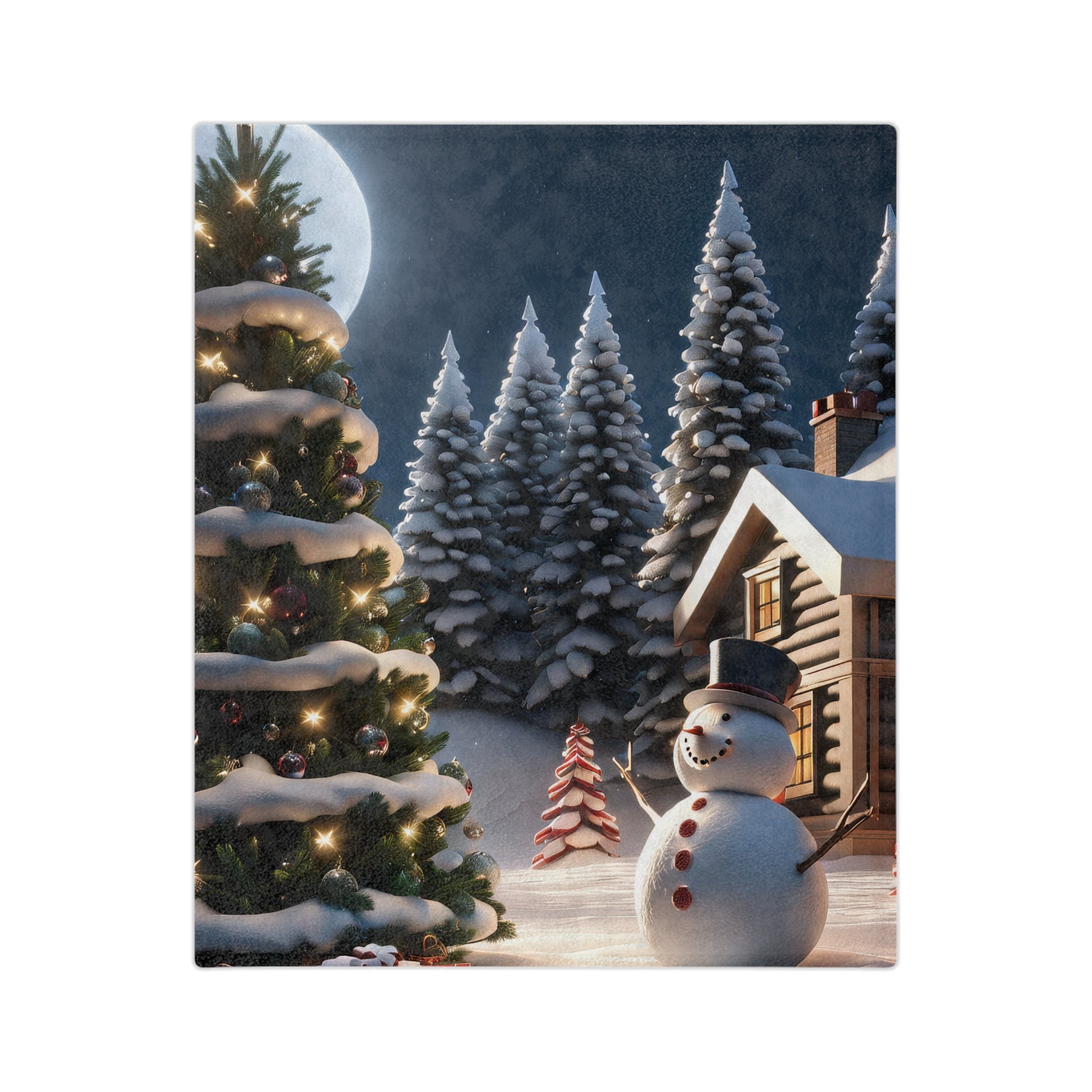  velveteen plush blanket featuring a cute snowman wearing a top hat, standing in a snowy forest scene with illuminated Christmas trees, a cozy cabin, and a full moon at night."