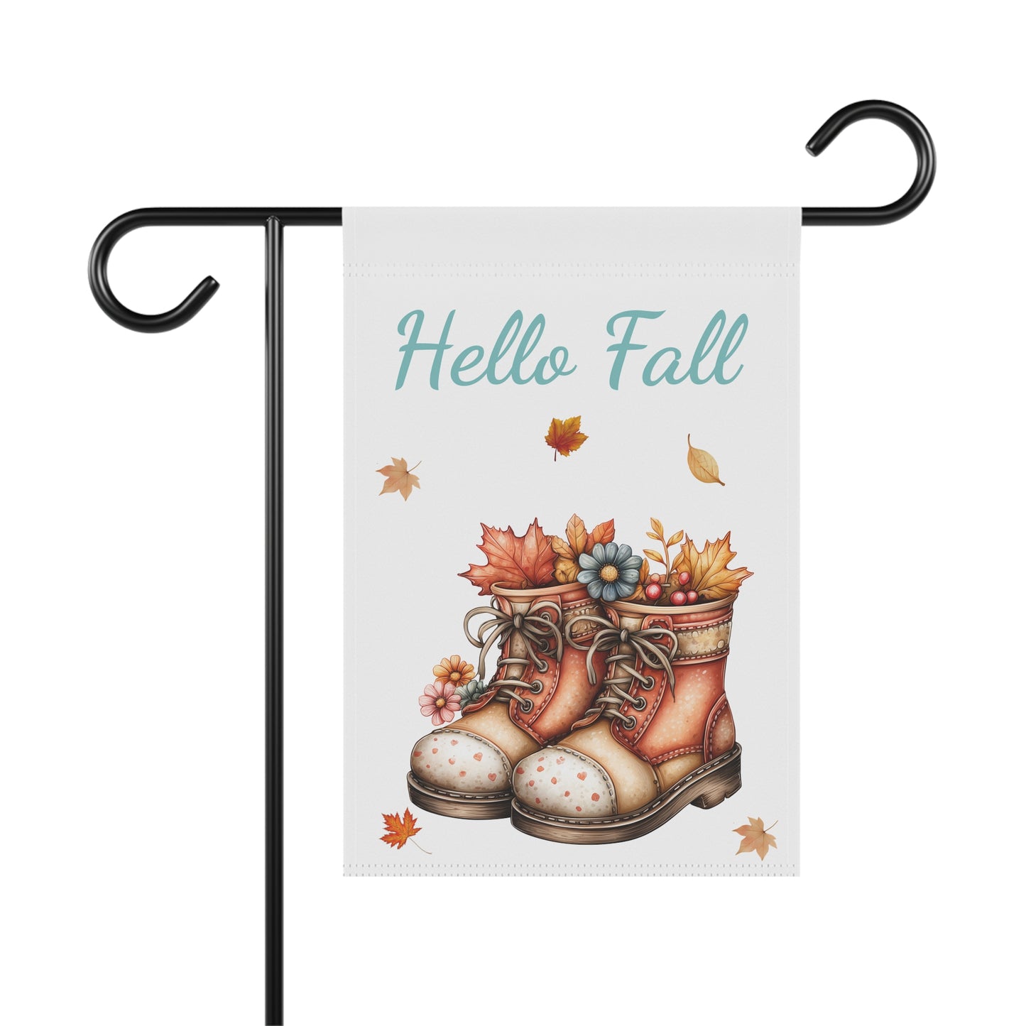 Hello Fall garden flag featuring an illustration of a pair of cozy, rustic autumn boots filled with orange maple leaves, berries, and flowers under a soft blue text.
