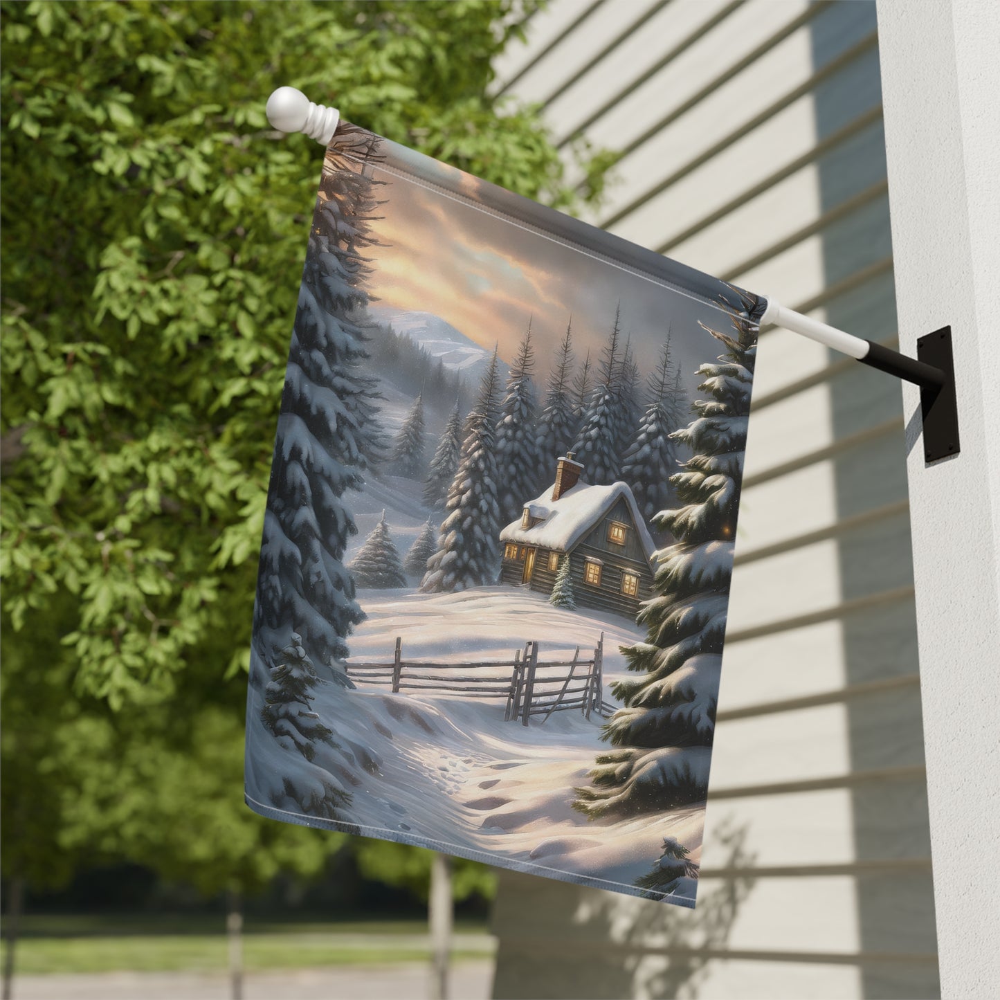 Rustic Snowy Cabin Garden Flag/ House Banner