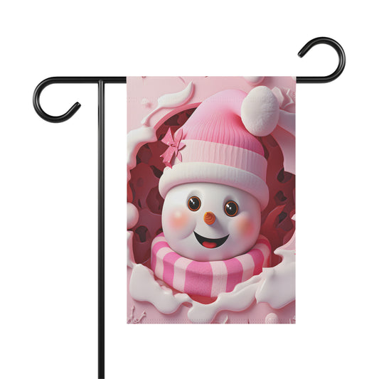 Cute pink snowman garden flag with rosy cheeks, wearing a pink striped hat and scarf, peeking from a pink snowy background, whimsical winter outdoor decor.

