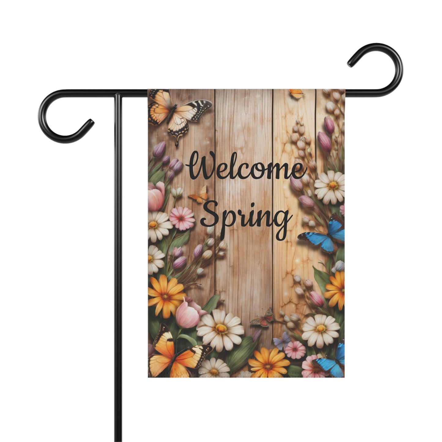 Spring garden flag with colorful butterflies and blooming flowers on rustic wooden background, welcome spring yard decor