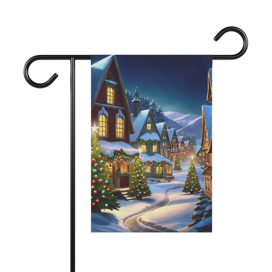Christmas village garden flag with snow-covered houses, decorated Christmas trees, and a winding snowy path at night, festive holiday outdoor decor.


